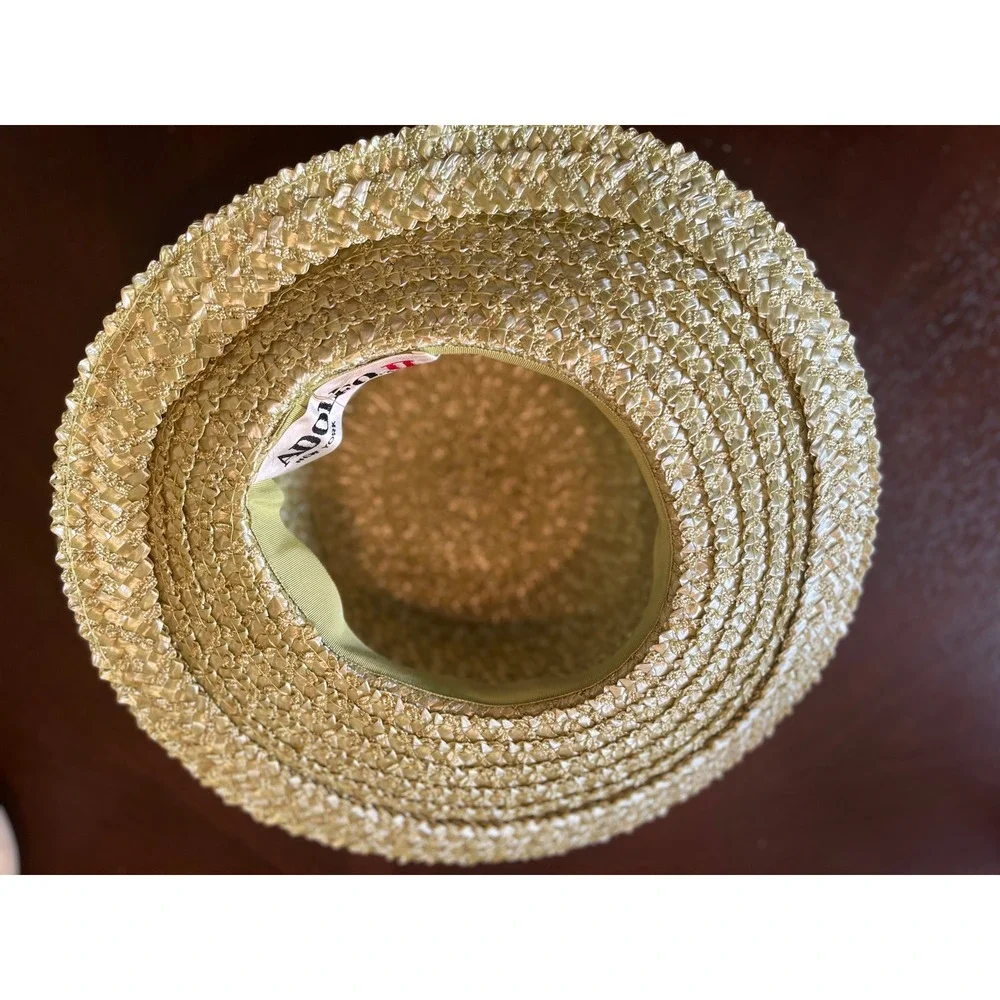 Adolfo II Sun Hat Womens OS Green Excellent Vintage Woven Straw Bow Charm Box